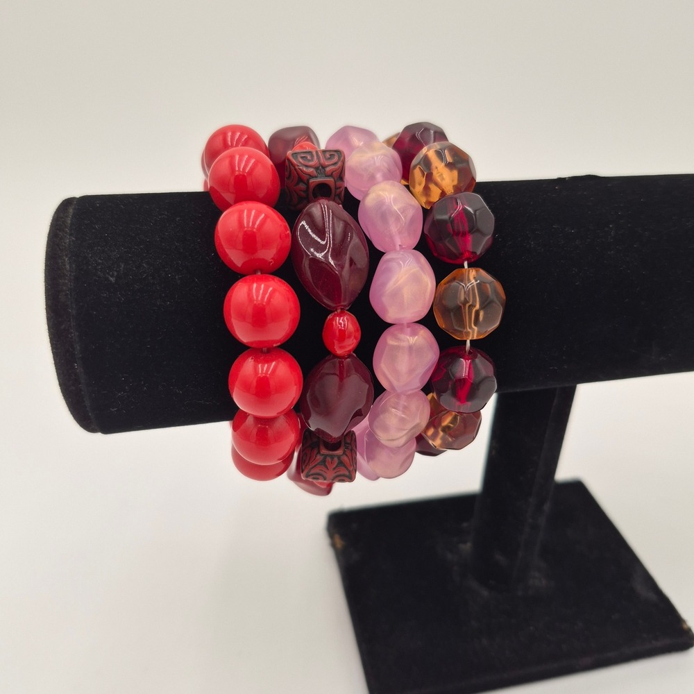 Set of 4 Beaded Stretch Bracelets Red Amber Pink Burgundy Acrylic Stackable